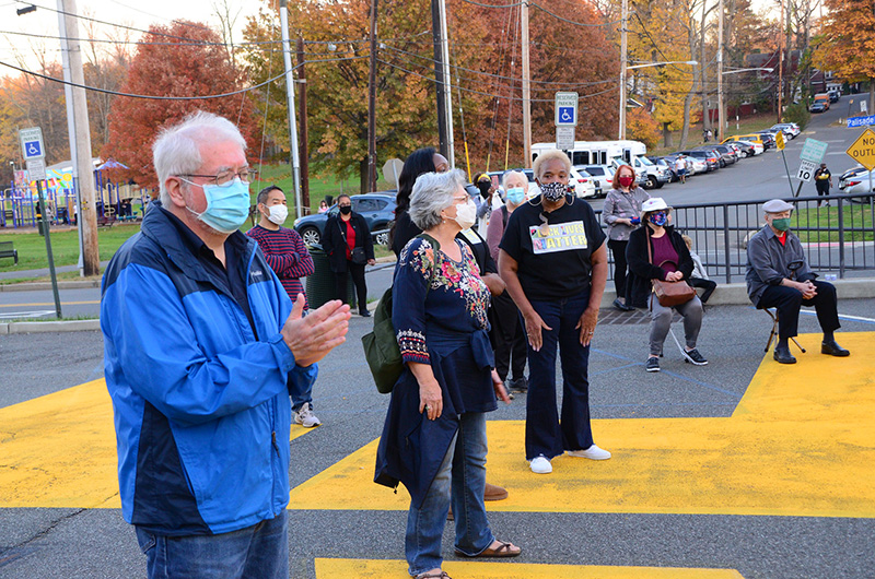 Teaneck Mayor, Jim Dunleavy supporting the BLM mural with Bonnie Savitz and